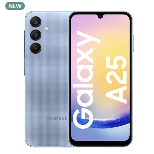 REFURBISHED SAMSUNG A25 5G 128GB ROM 6GB RAM DISPLAY 6.5 INCHES REAR CAMERA  50MP + 8MP + 2MP FRONT CAMERA 13MP BATTERY CAPACITY 5000Mah ANDROID 15 BLUE/WHITE