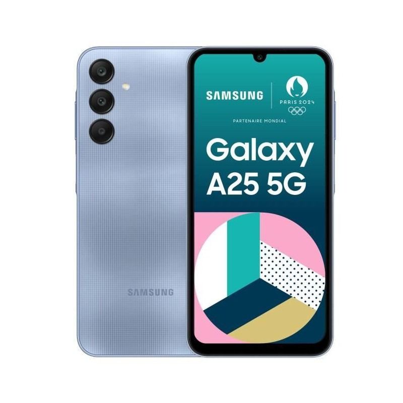 REFURBISHED SAMSUNG A25 5G 128GB ROM 6GB RAM DISPLAY 6.5 INCHES REAR CAMERA  50MP + 8MP + 2MP FRONT CAMERA 13MP BATTERY CAPACITY 5000Mah ANDROID 15 BLUE/WHITE