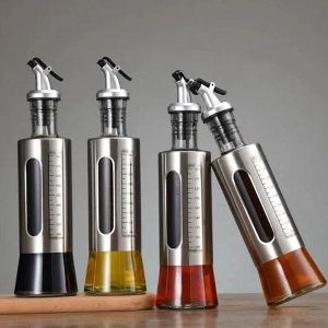 Cooking Oil, Sauce, Vinegar & Wine Dispenser Bottles 500ml– Stainless Steel Glass Set with No-Spill BPA-Free Gravity Lids Kitchen Essentials for Easy Pouring & Storage