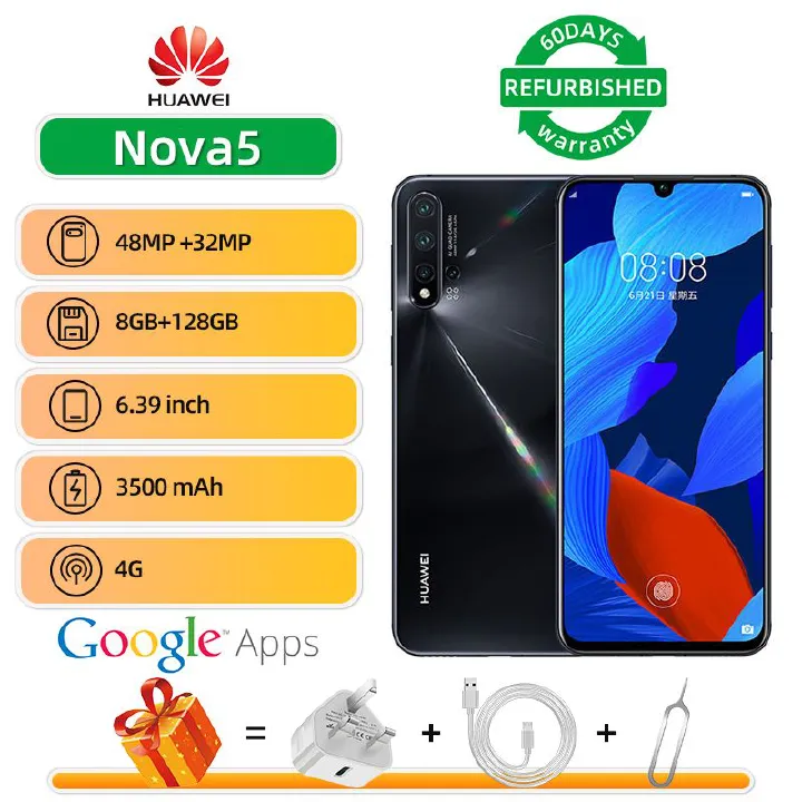 Refurbished phone huawei nova 5(nova5) 6.39inch 4G Dual SIM Original 8G+128G Mobile Smart phones