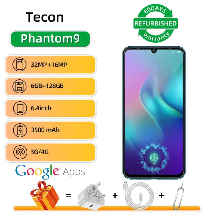 Refurbished Tecno Phantom 9 AB7 4G 6+128g 6.4-inch screen 16MP camera 6+128g 3500mAh battery  mobile phone
