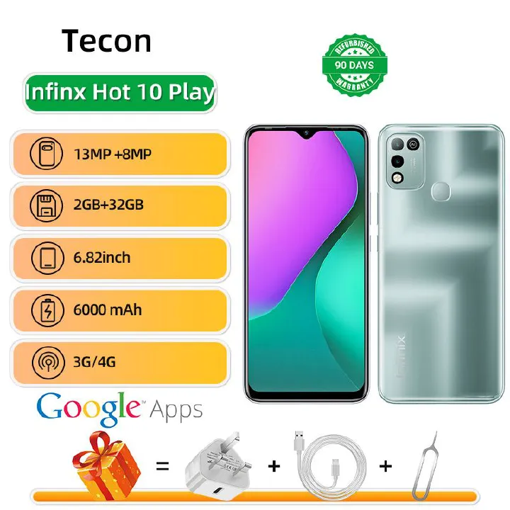 Refurbished infinix hot 10 play x688c 4G 6.82-inch screen 13MP camera 2+32g 6000mAh battery 10W rechargeable mobile phone