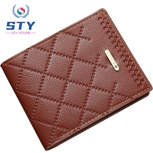 Fashion Men's Short Wallet Lozenge Pattern Billfold Business Casual Wallet - Brown