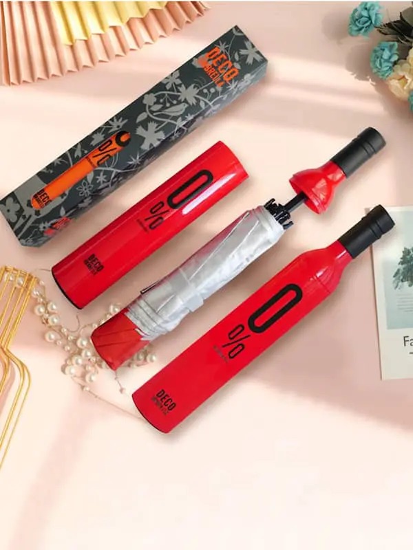 Wine Bottle Design Folding Umbrellas Windproof Travel Umbrellas for Rain - Covers 2/3 people when fully opened, Lightweight, Strong, Compact with for Men & Women