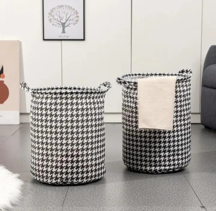 Stylish Houndstooth Fabric Laundry & Storage Baskets , Modern Black & White Pattern | 💪 Durable Foldable Design with Sturdy Handles | 🧦 Perfect for Laundry, Toys, or Home Organizer