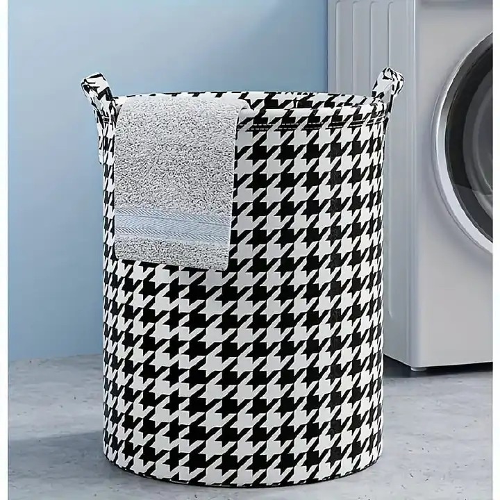 Stylish Houndstooth Fabric Laundry & Storage Baskets , Modern Black & White Pattern | 💪 Durable Foldable Design with Sturdy Handles | 🧦 Perfect for Laundry, Toys, or Home Organizer