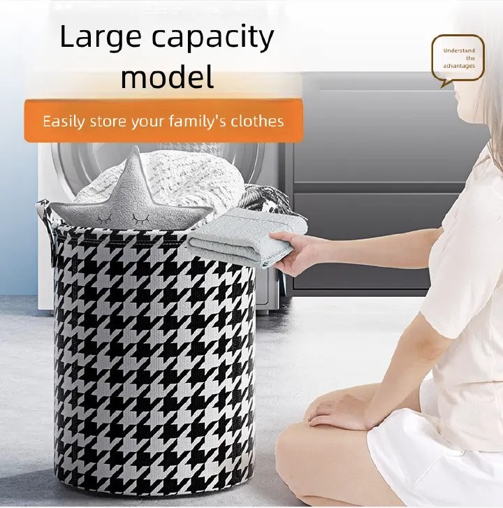 Stylish Houndstooth Fabric Laundry & Storage Baskets , Modern Black & White Pattern | 💪 Durable Foldable Design with Sturdy Handles | 🧦 Perfect for Laundry, Toys, or Home Organizer