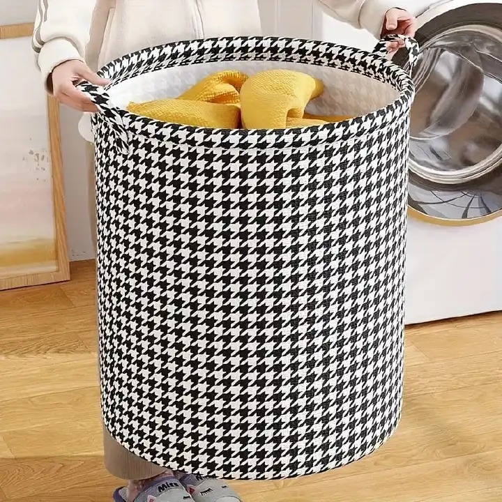 Stylish Houndstooth Fabric Laundry & Storage Baskets , Modern Black & White Pattern | 💪 Durable Foldable Design with Sturdy Handles | 🧦 Perfect for Laundry, Toys, or Home Organizer