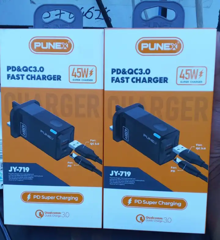PUNEX JY-719 45W PD & QC3.0 Super Fast Charger Dual Port USB-C + USB-A Wall Adapter with 1M Cable for iPhone Samsung Android Laptops - Fast Safe Charging