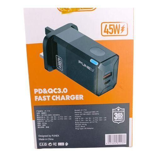 PUNEX JY-719 45W PD & QC3.0 Super Fast Charger Dual Port USB-C + USB-A Wall Adapter with 1M Cable for iPhone Samsung Android Laptops - Fast Safe Charging