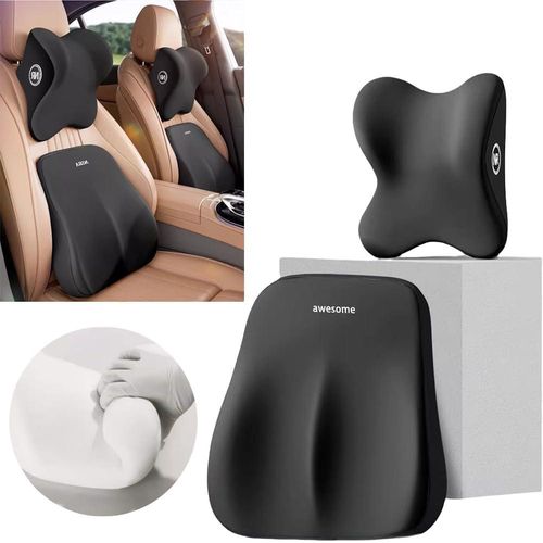 2 Piece Memory Foam Car Headrest and Lumbar Support for Comfortable Driving, Ergonomic Back and Neck Cushion for Long Journeys, Universal Fit for Most Vehicles