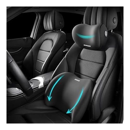 2 Piece Memory Foam Car Headrest and Lumbar Support for Comfortable Driving, Ergonomic Back and Neck Cushion for Long Journeys, Universal Fit for Most Vehicles