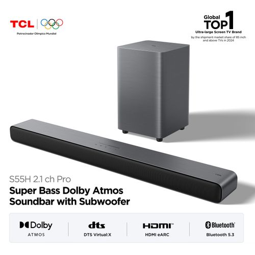 TCL S55H 2.1ch Pro Super Bass Soundbar with Powerful Wireless Subwoofer, Deep Bass Audio, Bluetooth Home Theatre System, HDMI/USB/AUX TV Speaker for Cinematic Surround Sound