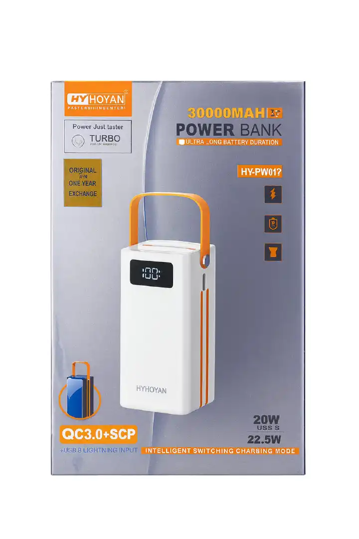HYHOYAN 30000mAh Fast-Charging Power Bank HY-PW017 with LED Display, QC3.0+SCP 20W Output, USB-C & Lightning Input, Intelligent Protection, Ultra-Long Battery Duration & Carry Handle Design