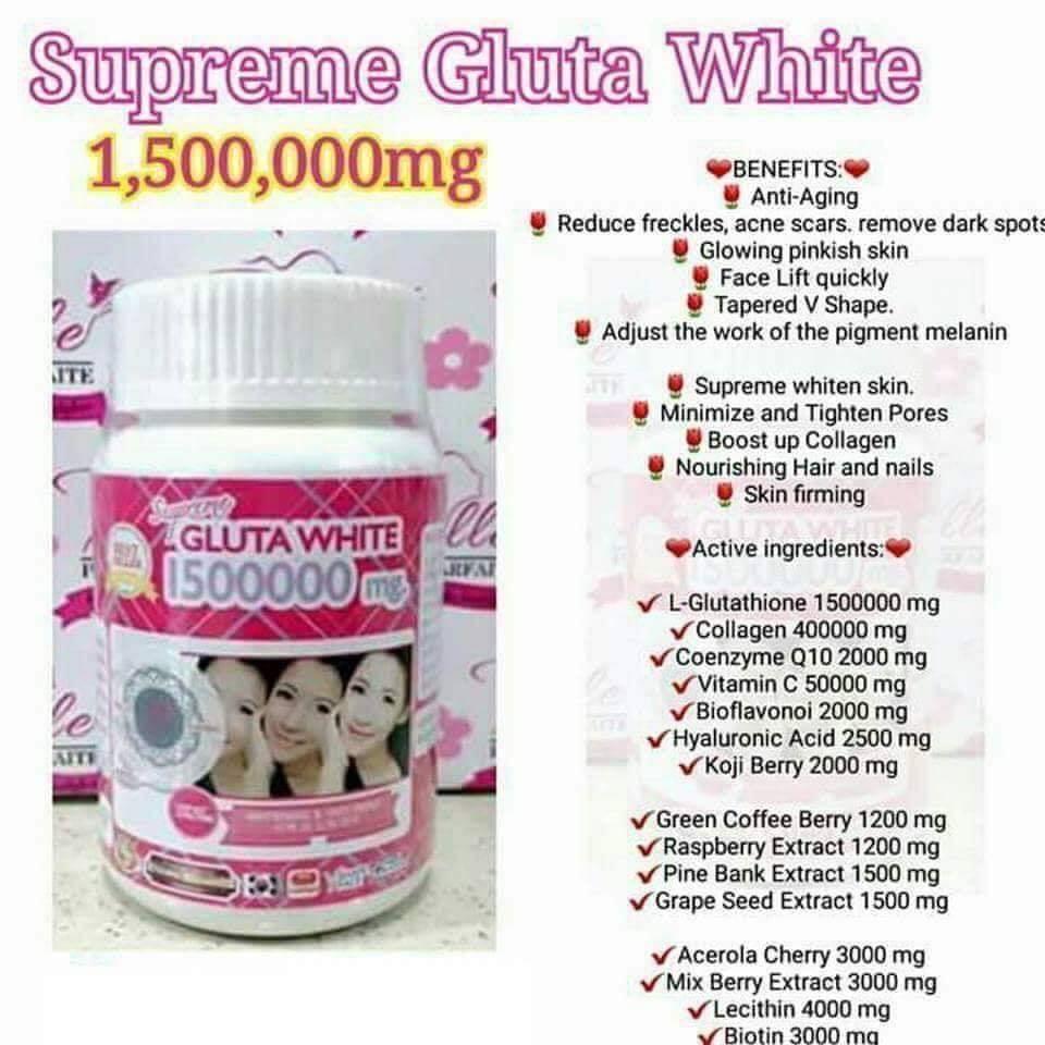 Supreme Gluta White 1500000mg skin whitening and anti-aging softgel capsules It also aims to moisturize and tighten the skin, contributing to a "V-shape" appearance, and nourishes hair and nails.