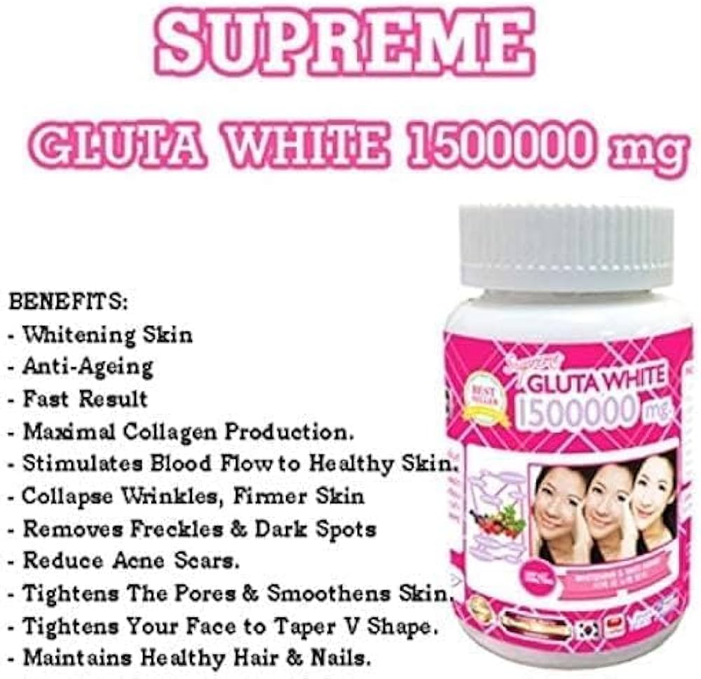 Supreme Gluta White 1500000mg skin whitening and anti-aging softgel capsules It also aims to moisturize and tighten the skin, contributing to a "V-shape" appearance, and nourishes hair and nails.