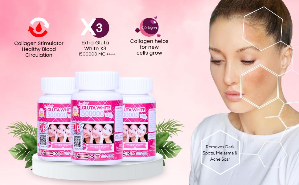Supreme Gluta White 1500000mg skin whitening and anti-aging softgel capsules It also aims to moisturize and tighten the skin, contributing to a "V-shape" appearance, and nourishes hair and nails.