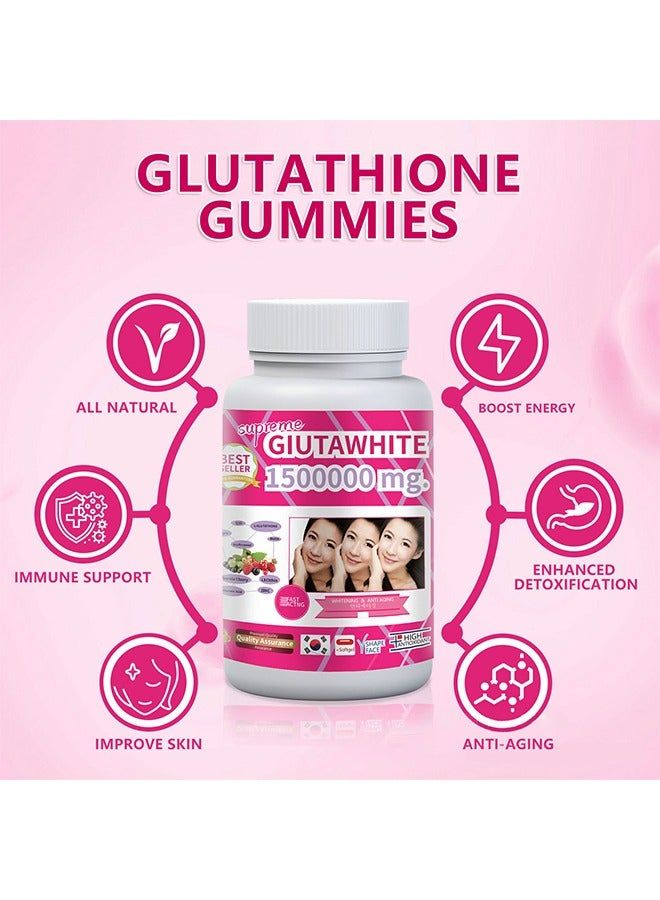 Supreme Gluta White 1500000mg skin whitening and anti-aging softgel capsules It also aims to moisturize and tighten the skin, contributing to a "V-shape" appearance, and nourishes hair and nails.