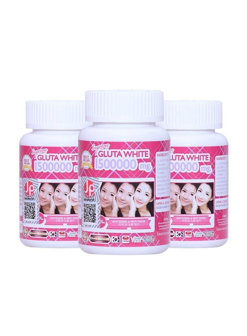 Supreme Gluta White 1500000mg skin whitening and anti-aging softgel capsules It also aims to moisturize and tighten the skin, contributing to a "V-shape" appearance, and nourishes hair and nails.