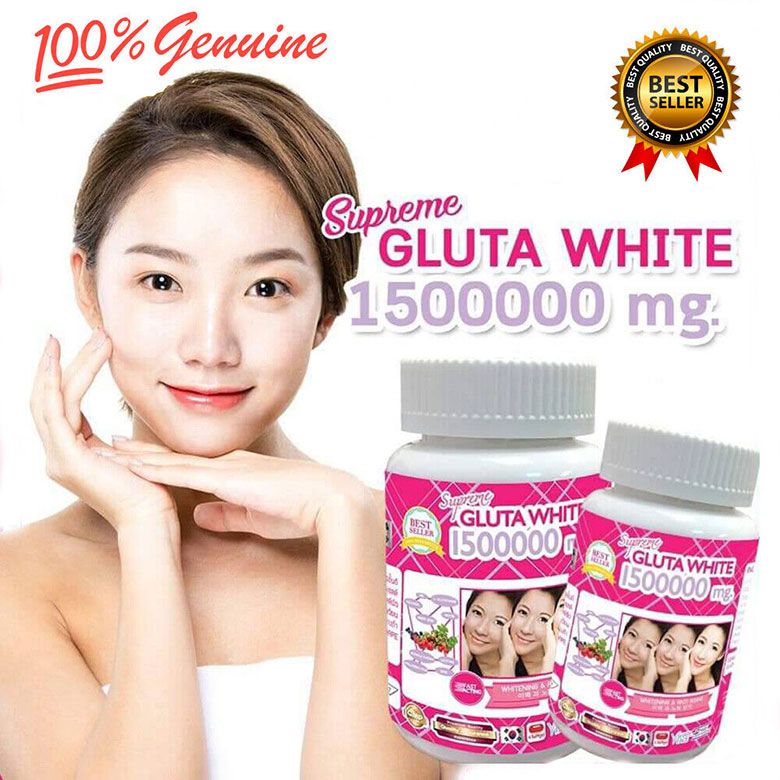 Supreme Gluta White 1500000mg skin whitening and anti-aging softgel capsules It also aims to moisturize and tighten the skin, contributing to a "V-shape" appearance, and nourishes hair and nails.