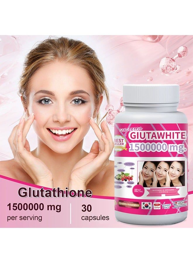 Supreme Gluta White 1500000mg skin whitening and anti-aging softgel capsules It also aims to moisturize and tighten the skin, contributing to a "V-shape" appearance, and nourishes hair and nails.
