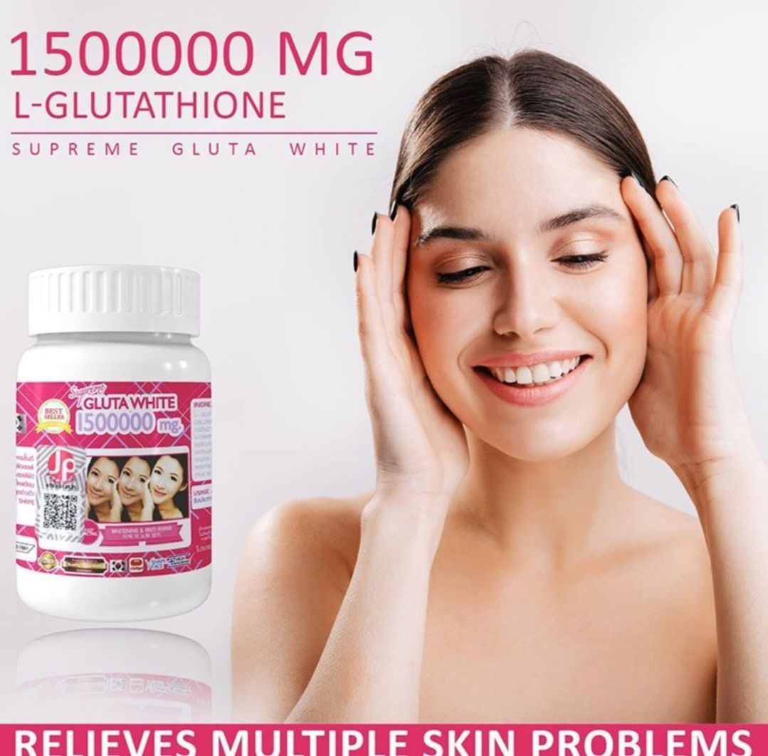 Supreme Gluta White 1500000mg skin whitening and anti-aging softgel capsules It also aims to moisturize and tighten the skin, contributing to a "V-shape" appearance, and nourishes hair and nails.