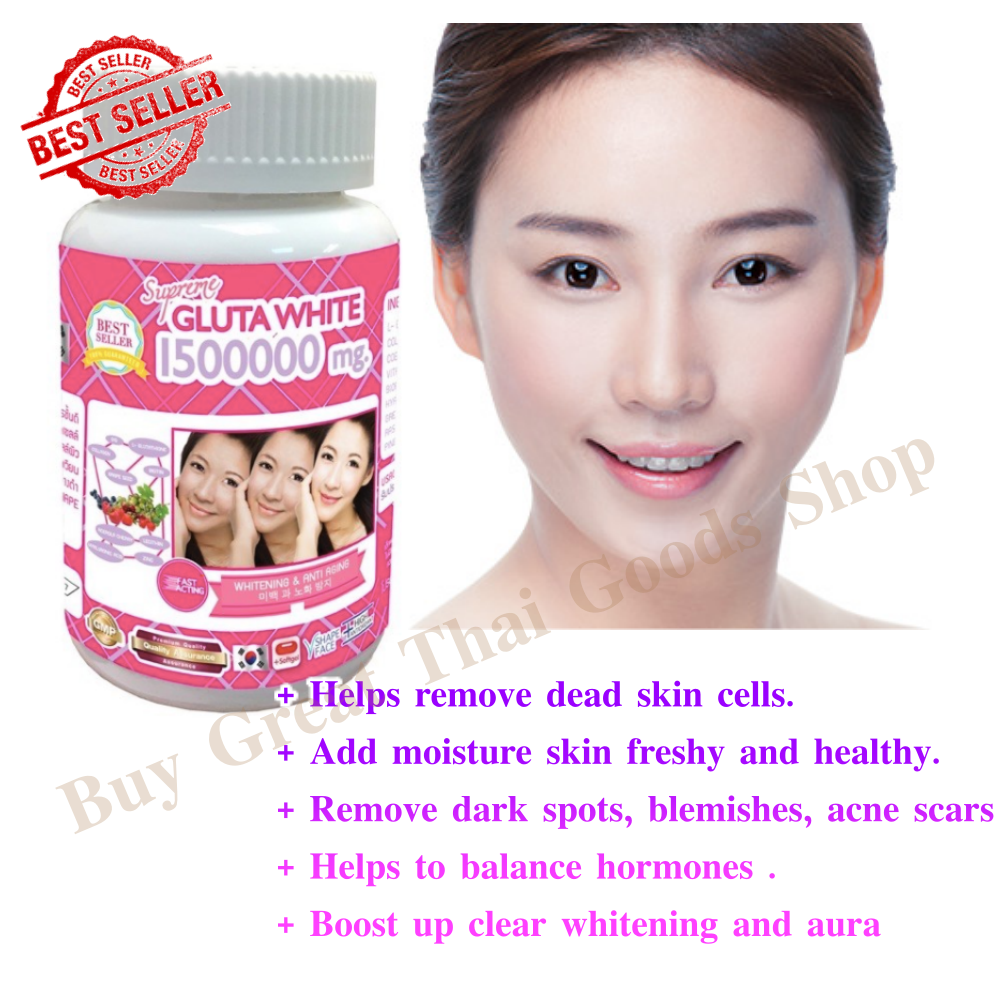Supreme Gluta White 1500000mg skin whitening and anti-aging softgel capsules It also aims to moisturize and tighten the skin, contributing to a "V-shape" appearance, and nourishes hair and nails.