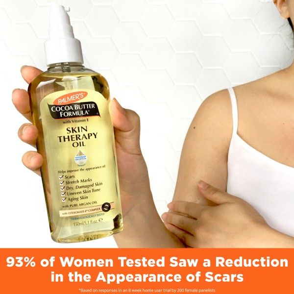 PALMER'S Cocoa Butter Formula Skin Therapy Oil With Vitamin E- 150ml improve the overall appearance of skin by addressing common concerns such as scars, stretch marks, dryness, uneven tone ,and aging.