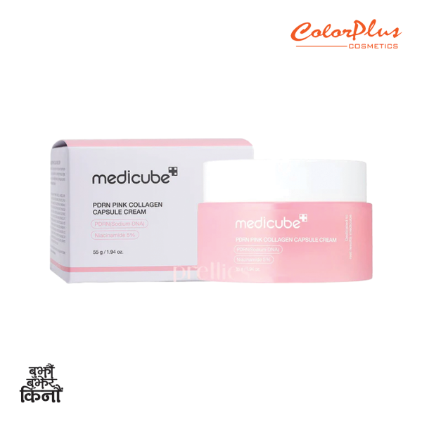 Medicube PDRN Pink Collagen Capsule Cream, containing collagen, niacinamide, and hyaluronic acid, designed to firm, brighten, hydrate, and strengthen the skin barrier for a radiant, "glass-skin" glow