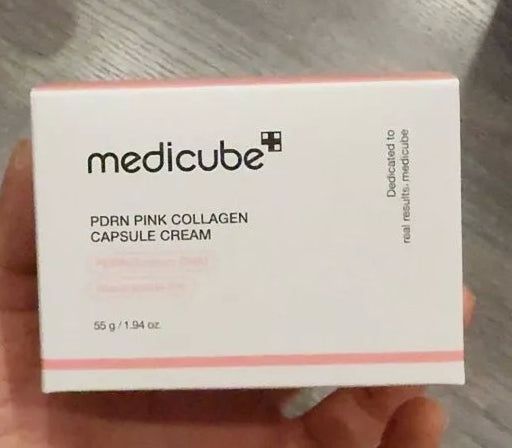 Medicube PDRN Pink Collagen Capsule Cream, containing collagen, niacinamide, and hyaluronic acid, designed to firm, brighten, hydrate, and strengthen the skin barrier for a radiant, "glass-skin" glow