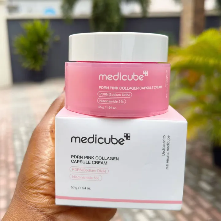 Medicube PDRN Pink Collagen Capsule Cream, containing collagen, niacinamide, and hyaluronic acid, designed to firm, brighten, hydrate, and strengthen the skin barrier for a radiant, "glass-skin" glow