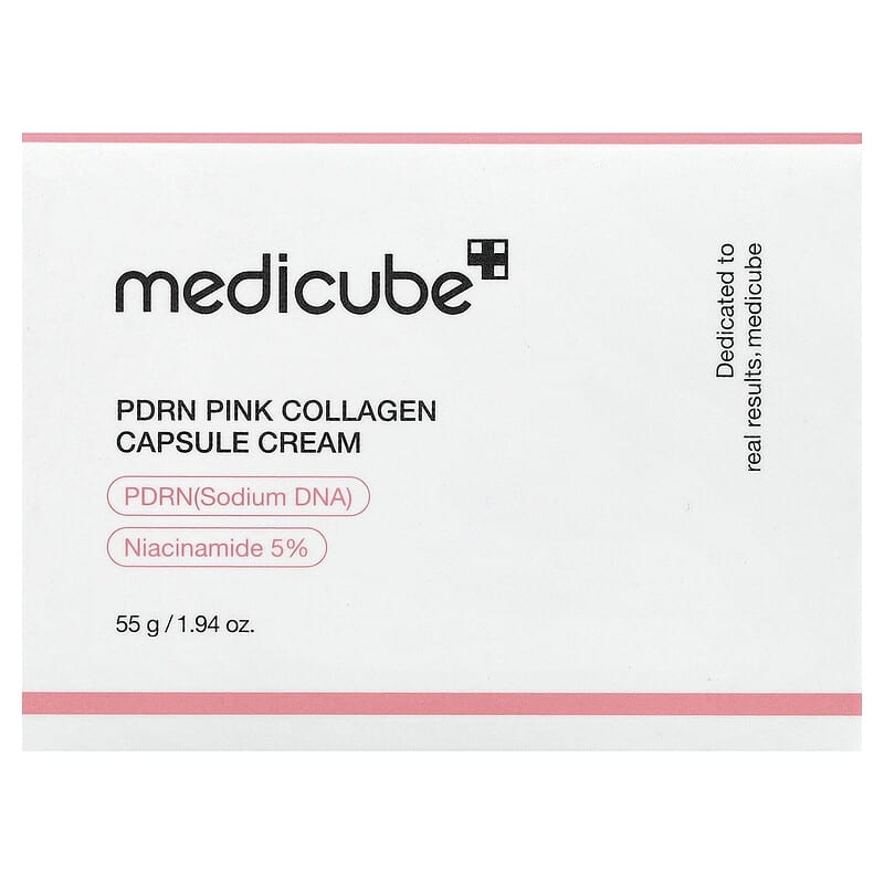 Medicube PDRN Pink Collagen Capsule Cream, containing collagen, niacinamide, and hyaluronic acid, designed to firm, brighten, hydrate, and strengthen the skin barrier for a radiant, "glass-skin" glow