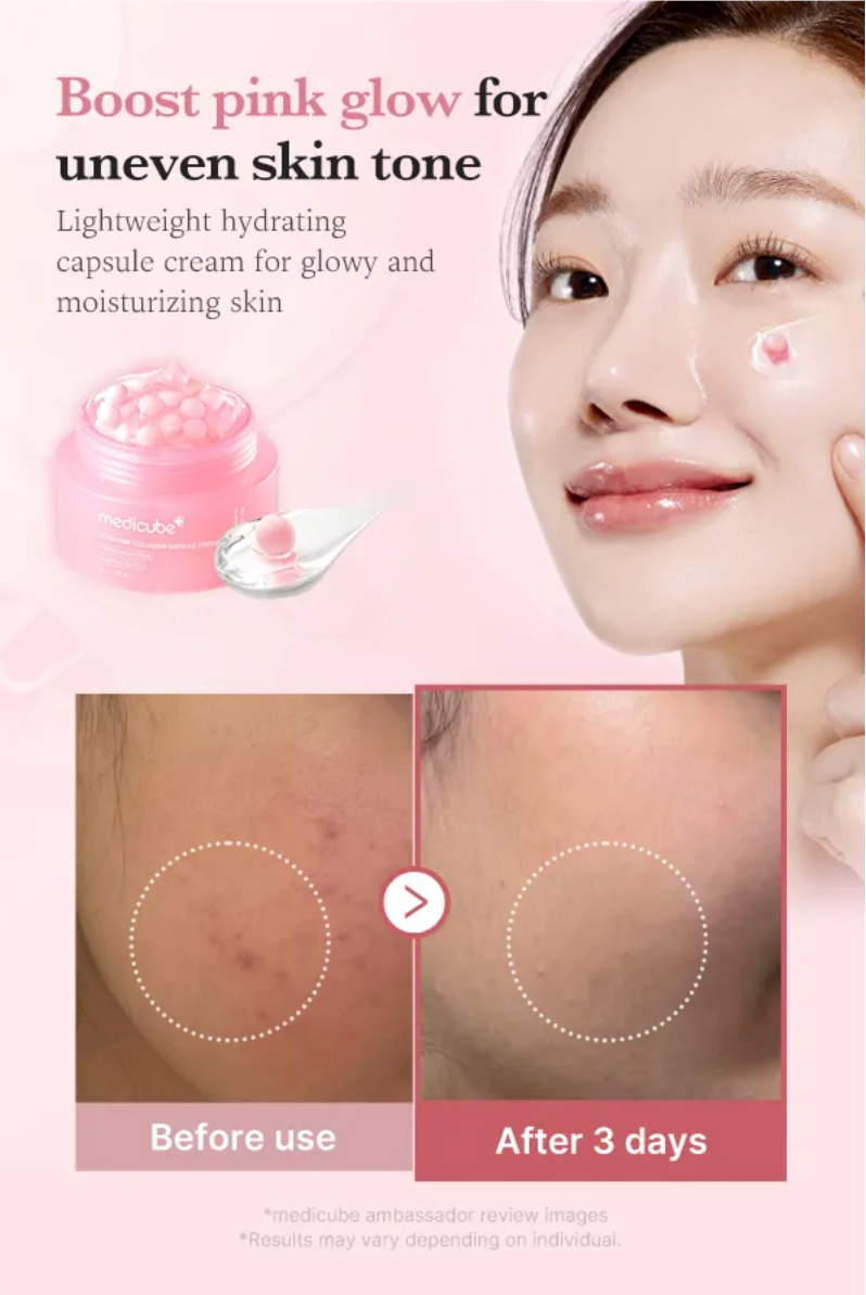 Medicube PDRN Pink Collagen Capsule Cream, containing collagen, niacinamide, and hyaluronic acid, designed to firm, brighten, hydrate, and strengthen the skin barrier for a radiant, "glass-skin" glow