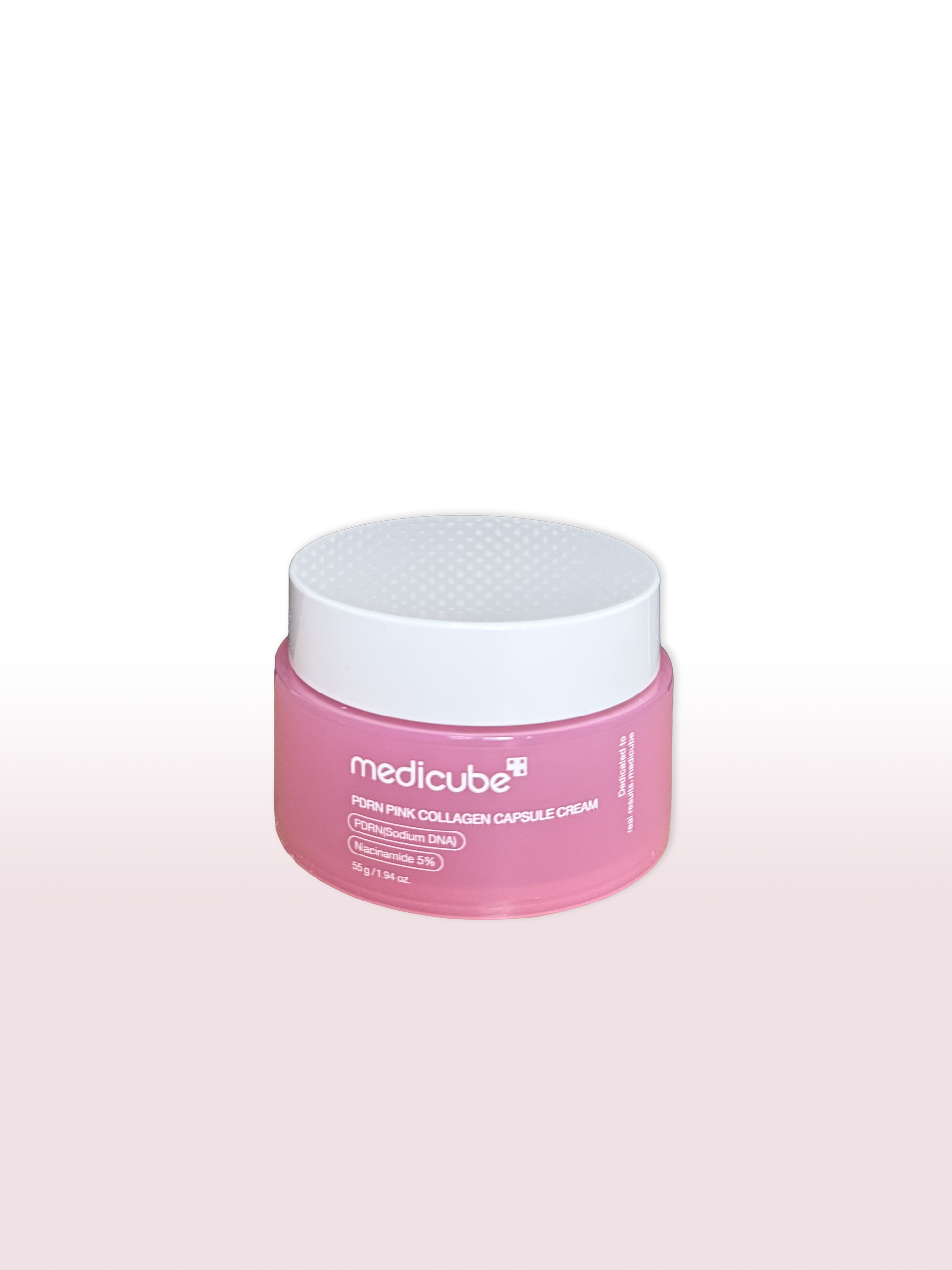 Medicube PDRN Pink Collagen Capsule Cream, containing collagen, niacinamide, and hyaluronic acid, designed to firm, brighten, hydrate, and strengthen the skin barrier for a radiant, "glass-skin" glow