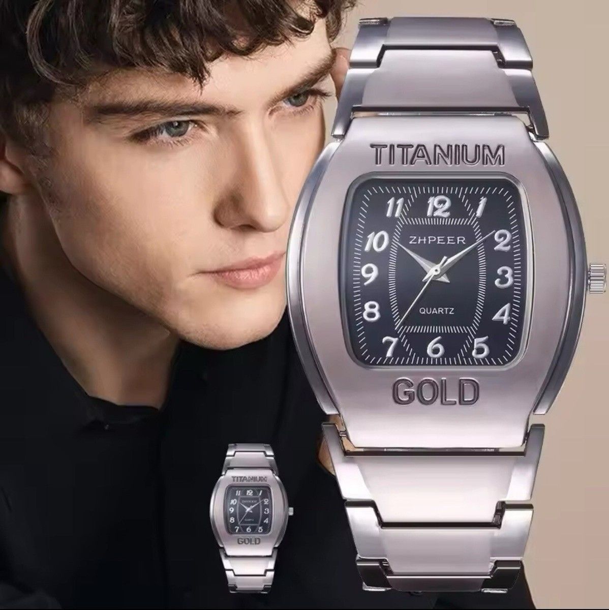 Men Quartz Wrist Watch Big Square Chronograph Titanium Gold For Business Leisure.The watch is constructed with a robust titanium alloy case and an alloy strap. The dial window is made of ordinaryglass