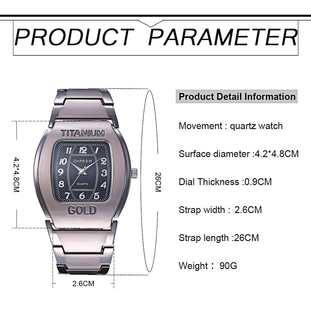 Men Quartz Wrist Watch Big Square Chronograph Titanium Gold For Business Leisure.The watch is constructed with a robust titanium alloy case and an alloy strap. The dial window is made of ordinaryglass