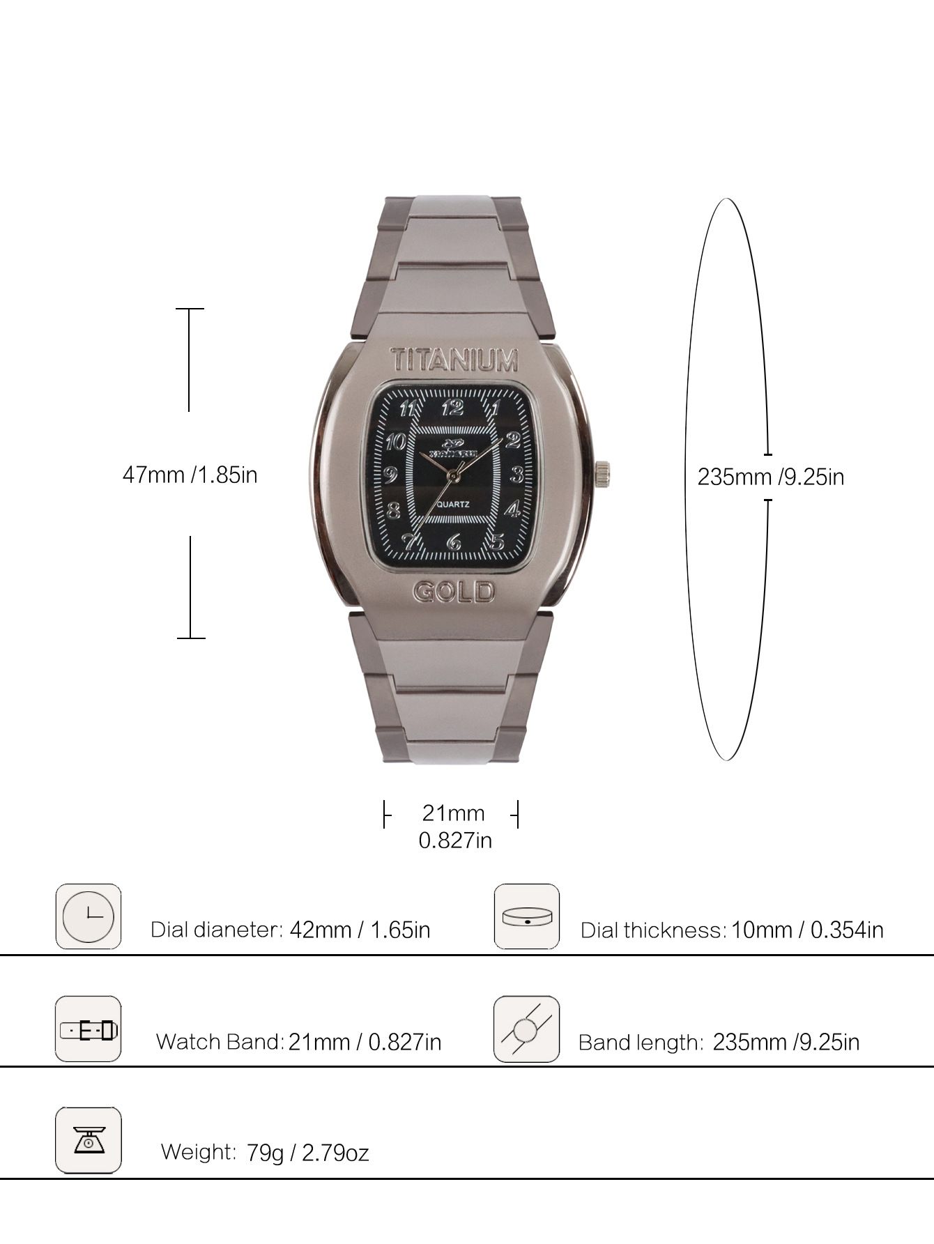 Men Quartz Wrist Watch Big Square Chronograph Titanium Gold For Business Leisure.The watch is constructed with a robust titanium alloy case and an alloy strap. The dial window is made of ordinaryglass