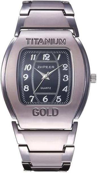 Men Quartz Wrist Watch Big Square Chronograph Titanium Gold For Business Leisure.The watch is constructed with a robust titanium alloy case and an alloy strap. The dial window is made of ordinaryglass