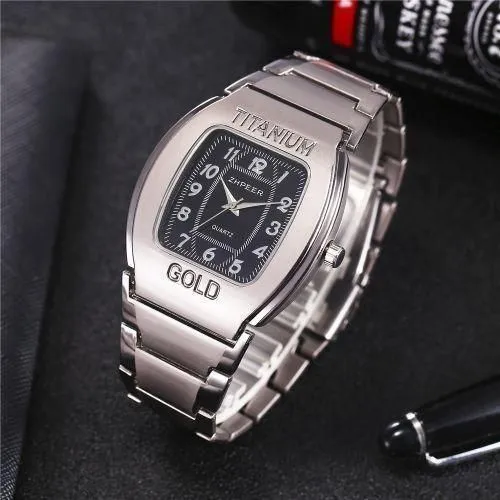Men Quartz Wrist Watch Big Square Chronograph Titanium Gold For Business Leisure.The watch is constructed with a robust titanium alloy case and an alloy strap. The dial window is made of ordinaryglass