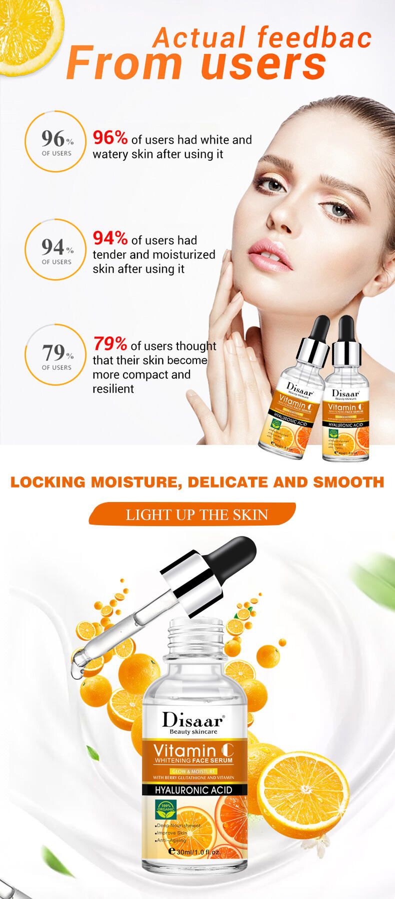 Disaar Vitamin C & Hyaluronic Acid Face Serum/anti-aging Serum it protects the skin from harsh sun, helps the skin to restore whiteness, stimulates collagen production, prevents the skin from sagging.