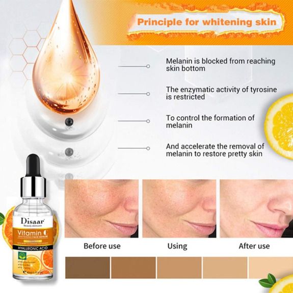 Disaar Vitamin C & Hyaluronic Acid Face Serum/anti-aging Serum it protects the skin from harsh sun, helps the skin to restore whiteness, stimulates collagen production, prevents the skin from sagging.