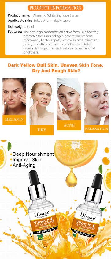 Disaar Vitamin C & Hyaluronic Acid Face Serum/anti-aging Serum it protects the skin from harsh sun, helps the skin to restore whiteness, stimulates collagen production, prevents the skin from sagging.