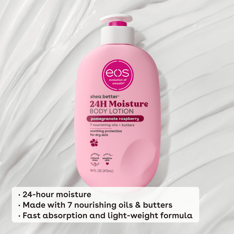 Eos Shea Better Body Lotion Pomegranate Raspberry, 24-Hour Moisture Skin Care, Lightweight & Non-Greasy, Natural Shea, Vegan-473ml Soothe and protect your skin with our lightweight, non-greasy .