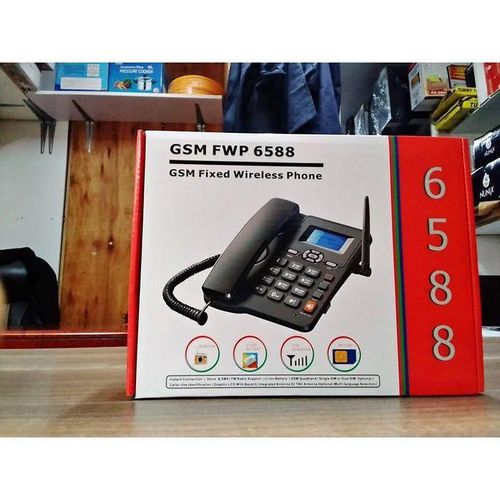 GSM FWP 6588 Fixed Wireless Phone - With SIM Card Slot, Caller ID, Dot-matrixed Display , Multi-languages Selection is compatible with any GSM SIM card in Kenya (Safaricom, Airtel, Telkom ) .