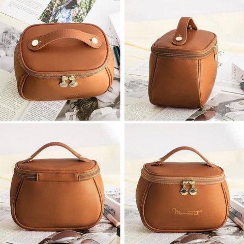 Makeup Bag, Portable Cosmetic Bag, Large Capacity Travel Makeup Organizer, Leather Cosmetic Brush Case for Women Toiletry Bag for Girls with Handle and Divide