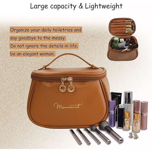 Makeup Bag, Portable Cosmetic Bag, Large Capacity Travel Makeup Organizer, Leather Cosmetic Brush Case for Women Toiletry Bag for Girls with Handle and Divide