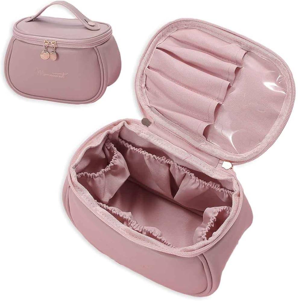 Makeup Bag, Portable Cosmetic Bag, Large Capacity Travel Makeup Organizer, Leather Cosmetic Brush Case for Women Toiletry Bag for Girls with Handle and Divide