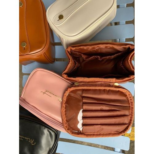 Makeup Bag, Portable Cosmetic Bag, Large Capacity Travel Makeup Organizer, Leather Cosmetic Brush Case for Women Toiletry Bag for Girls with Handle and Divide