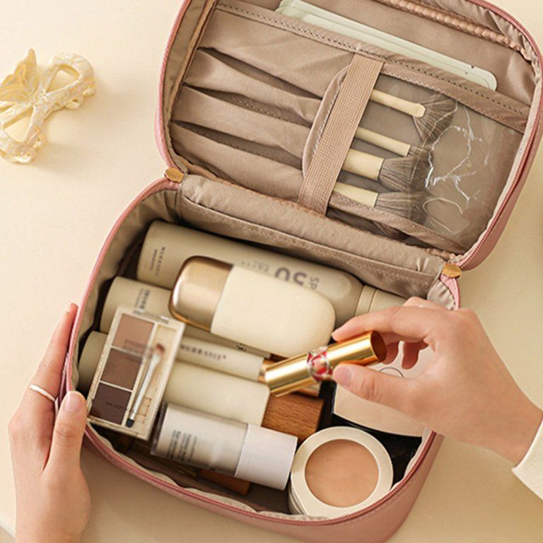 Makeup Bag, Portable Cosmetic Bag, Large Capacity Travel Makeup Organizer, Leather Cosmetic Brush Case for Women Toiletry Bag for Girls with Handle and Divide