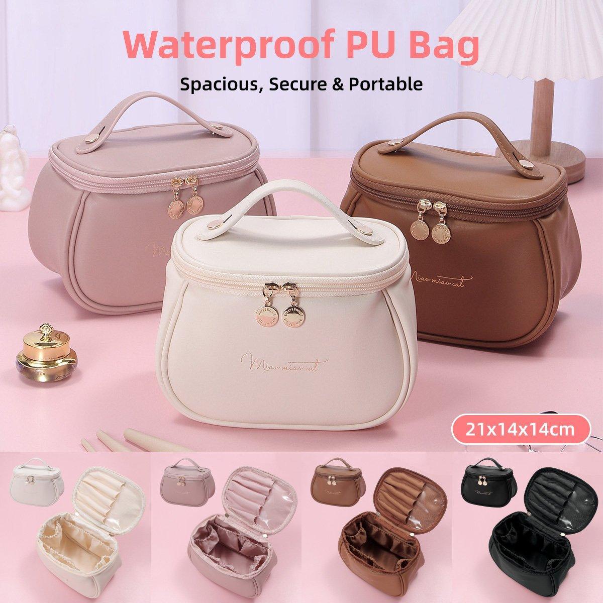 Makeup Bag, Portable Cosmetic Bag, Large Capacity Travel Makeup Organizer, Leather Cosmetic Brush Case for Women Toiletry Bag for Girls with Handle and Divide